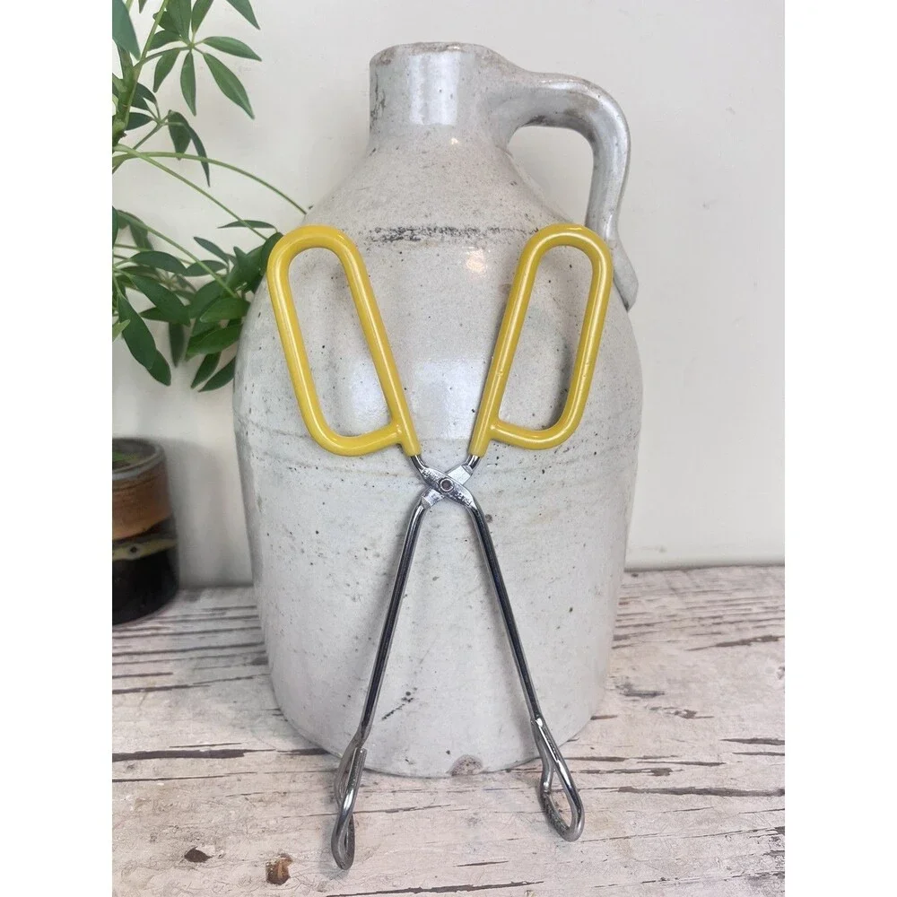 Vintage FOLEY Metal Kitchen Tongs Scissor Grip Yellow Rubber Handle Serving